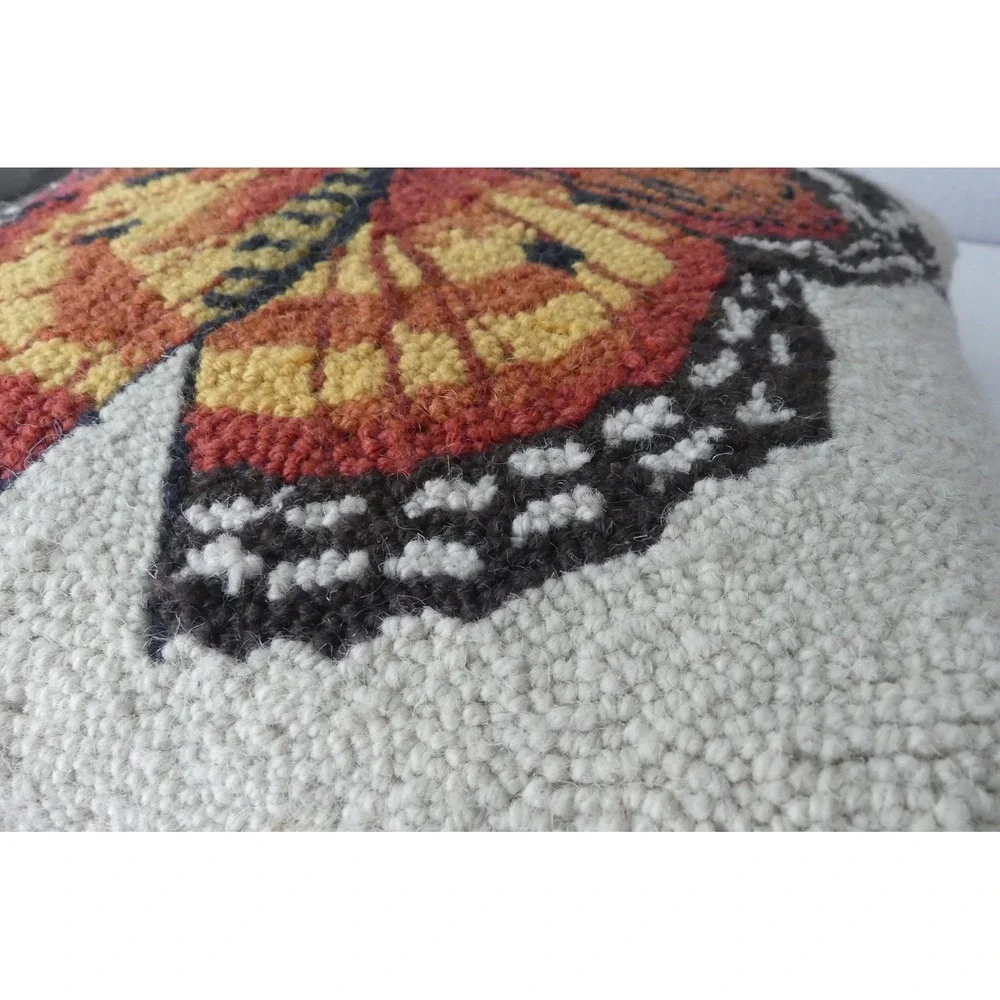 Hand Hooked Wool Butterfly Throw Pillow 18x18 Monarch Orange Black Nature Boho
